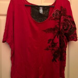 Women’s Scoop Neck Red Short Sleeve Top with Black Floral Sequin Detail
